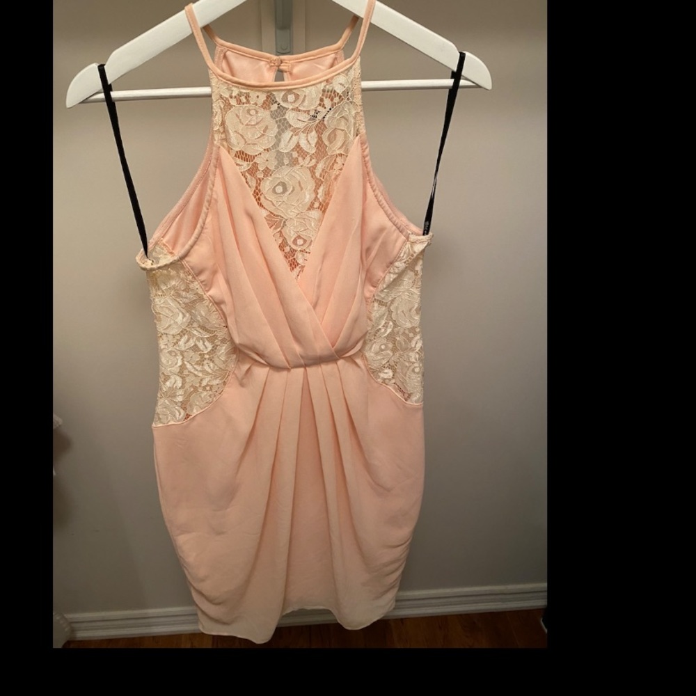 Blush coloured+ creamy lace gathered midi dress
